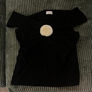 Aritzia Black Blouse with Cream Floral Accent